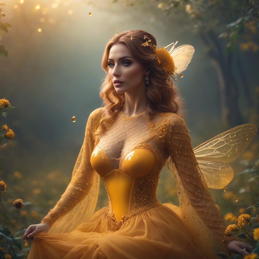  Honey themed fantasy image. Detailed, whimsical. hyperrealistic, full body, detailed clothing, highly detailed, cinematic lighting, stunningly beautiful, intricate, sharp focus, f/1. 8, 85mm, (centered image composition), (professionally color graded), ((bright soft diffused light)), volumetric fog, trending on instagram, trending on tumblr, HDR 4K, 8K