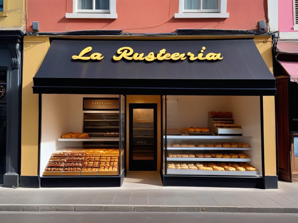  A minimalist, ultradetailed image of a sleek and modern bakery storefront with a large sign that reads "La Dulce Vida: Repostería Artesanal." The storefront features clean lines, large windows showcasing elegant pastries, and a subtle hint of a bustling city street in the background. The color palette is soft pastels with a pop of gold accents, exuding a sense of sophistication and charm. hyperrealistic, full body, detailed clothing, highly detailed, cinematic lighting, stunningly beautiful, intricate, sharp focus, f/1. 8, 85mm, (centered image composition), (professionally color graded), ((bright soft diffused light)), volumetric fog, trending on instagram, trending on tumblr, HDR 4K, 8K