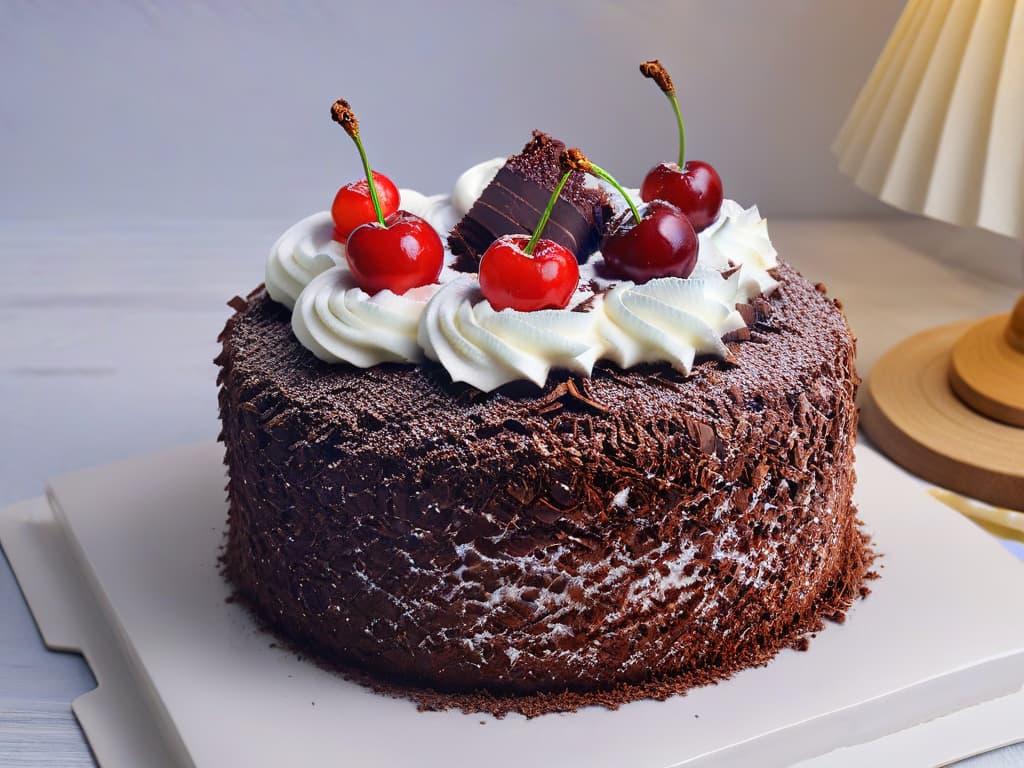  A minimalistic yet highly detailed illustration showcasing the intricate layers of a Black Forest cake, highlighting the rich chocolate sponge, luscious cherry filling, and delicate whipped cream frosting. The image captures the essence of this iconic German dessert, inviting readers to explore the origins and recipe of the Black Forest cake. hyperrealistic, full body, detailed clothing, highly detailed, cinematic lighting, stunningly beautiful, intricate, sharp focus, f/1. 8, 85mm, (centered image composition), (professionally color graded), ((bright soft diffused light)), volumetric fog, trending on instagram, trending on tumblr, HDR 4K, 8K