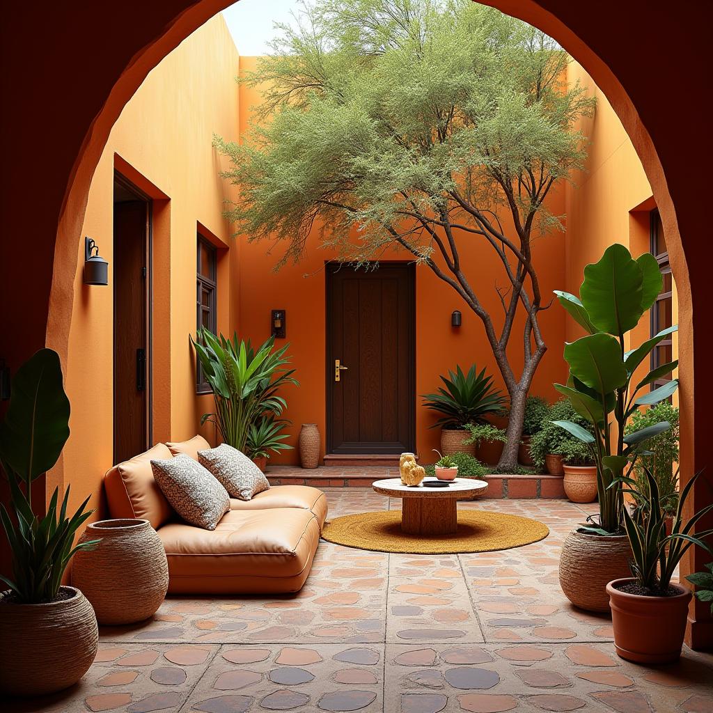  this project involves editorial photography focusing on an enclosed courtyard, a serene outdoor space within a building. the design style is african, characterized by rich colors, tribal patterns, natural materials, and cultural motifs, perfectly encapsulating the essence of the region's aesthetic. this setting provides a vivid backdrop that highlights the unique elements of african design.