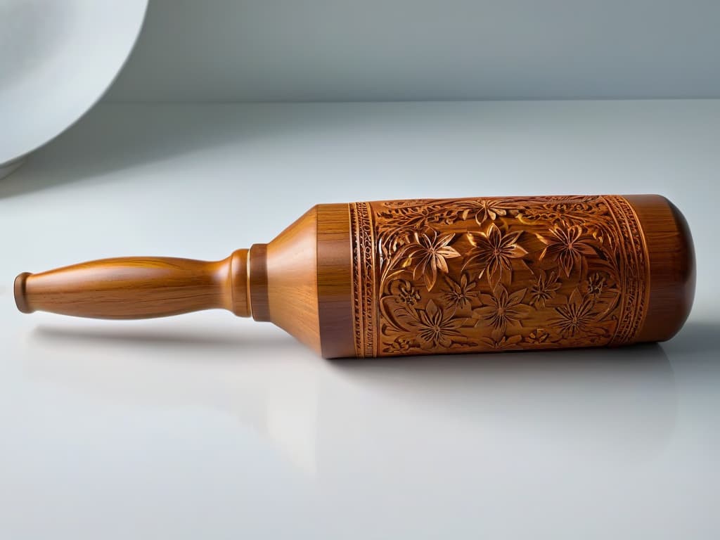  An image of a sleek, minimalistic wooden rolling pin with intricate floral engravings, displayed against a clean, white backdrop to highlight the detailed design and evoke a sense of elegance and craftsmanship. hyperrealistic, full body, detailed clothing, highly detailed, cinematic lighting, stunningly beautiful, intricate, sharp focus, f/1. 8, 85mm, (centered image composition), (professionally color graded), ((bright soft diffused light)), volumetric fog, trending on instagram, trending on tumblr, HDR 4K, 8K