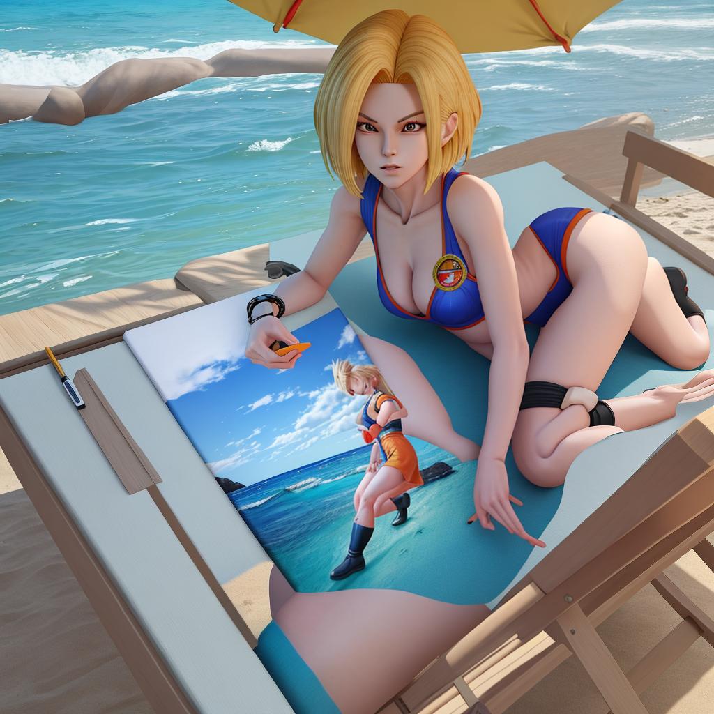  masterpiece, best quality, Dragon Ball android 18, by the sea, lying on a beach chair 3D painting style