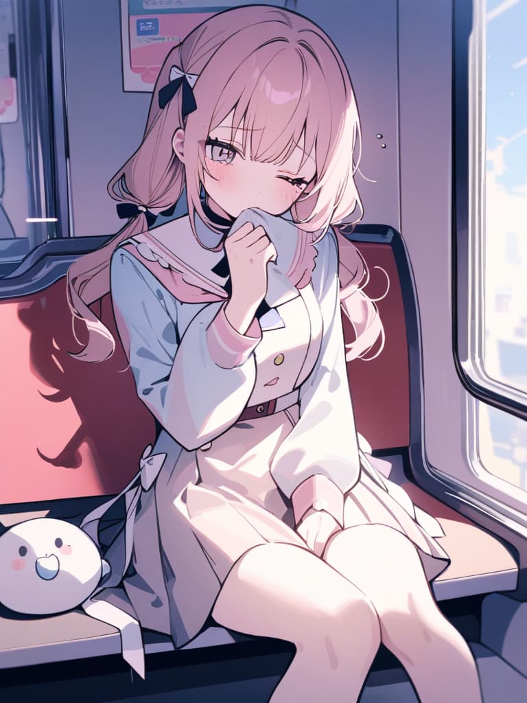  (absurdres,highres,superlative),((texture)),((contrast)),(top quality,masterpiece),(sence of depth,sleepy),(in the train,madeon) BREAK solo,,kawaii,(one eye closed,tearing up),(covering own mouth,hand over own mouth,),pastel pink hair,long hair,twintail with white bow,ribbon,siting on seat, uniform, legs,((convenient object,clothes)),, masterpiece, best quality,8k,ultra detailed,high resolution,an extremely delicate and beautiful,hyper detail