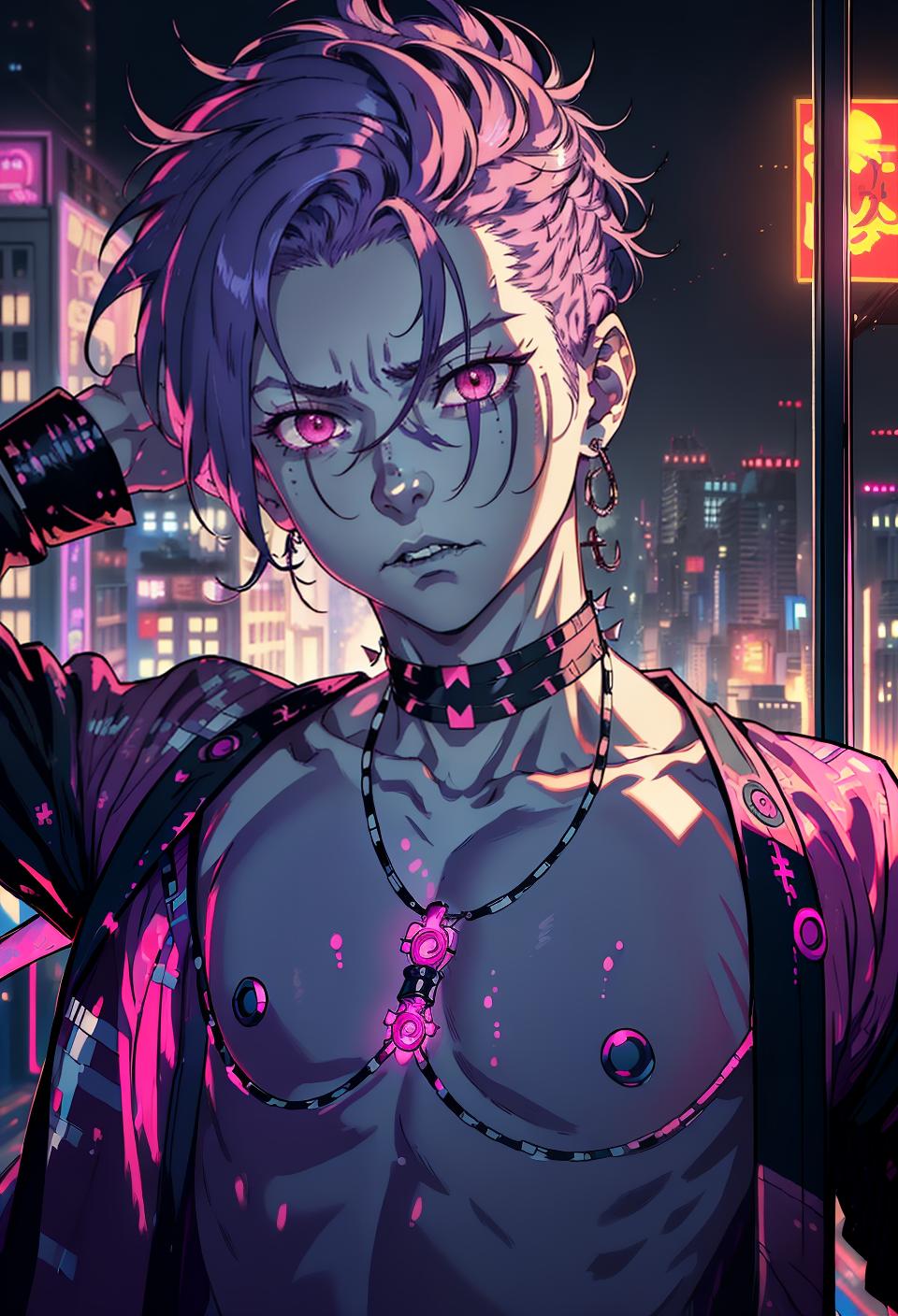  ((trending, highres, masterpiece, cinematic shot)), 1boy, mature, male tribal clothes, rooftop scene, very short spiked purple hair, side locks hairstyle, large pink eyes, psychopath, crazy personality, sad expression, very pale skin, epic, clever