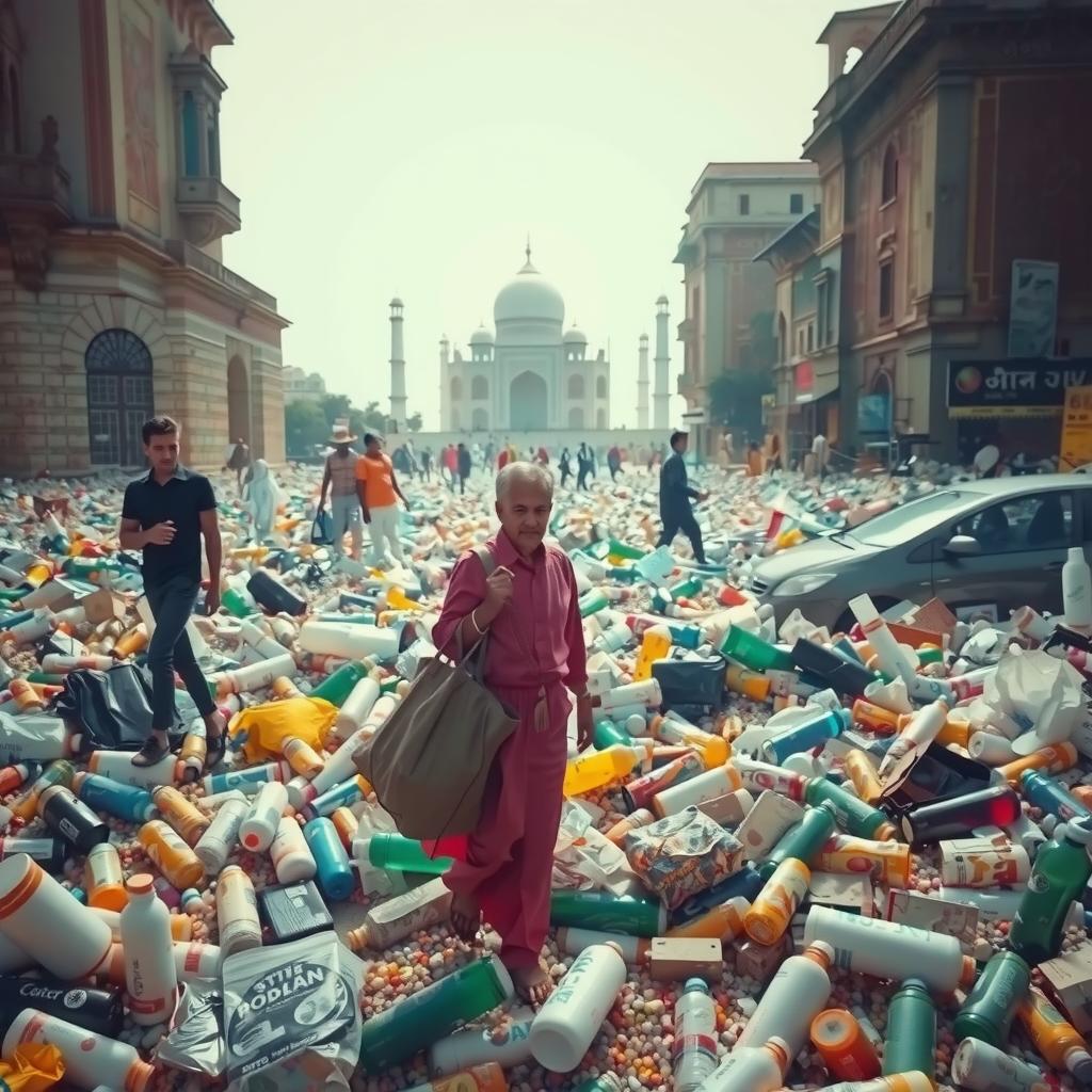  a haunting, surreal real image of a plastic filled environment in india, with plastic waste overflowing from streets, rivers, and landscapes. plastic bags, bottles, and microbeads litter the scene, with a few iconic indian elements (e.g. taj mahal, indian streets) visible in the background. the image should convey the overwhelming scale of plastic pollution in india hyperrealistic, full body, detailed clothing, highly detailed, cinematic lighting, stunningly beautiful, intricate, sharp focus, f/1. 8, 85mm, (centered image composition), (professionally color graded), ((bright soft diffused light)), volumetric fog, trending on instagram, trending on tumblr, HDR 4K, 8K