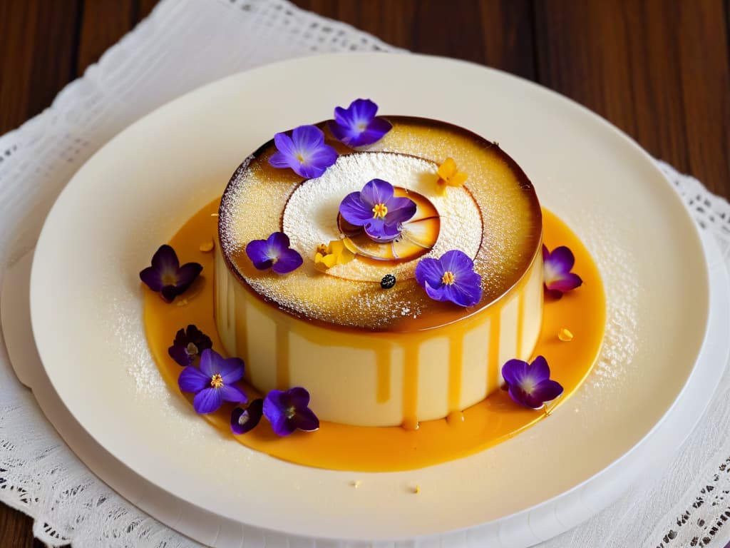  A minimalist, ultradetailed image of a beautifully plated dessert showcasing intricate layers of creamy flan topped with caramelized sugar, surrounded by delicate edible flowers and a dusting of gold flakes on a sleek, white porcelain plate. The dessert is elegantly presented on a dark, polished wooden table, with soft natural light gently illuminating the scene, creating a sophisticated and visually captivating composition that embodies the cultural significance and artistry of dessertmaking. hyperrealistic, full body, detailed clothing, highly detailed, cinematic lighting, stunningly beautiful, intricate, sharp focus, f/1. 8, 85mm, (centered image composition), (professionally color graded), ((bright soft diffused light)), volumetric fog, trending on instagram, trending on tumblr, HDR 4K, 8K