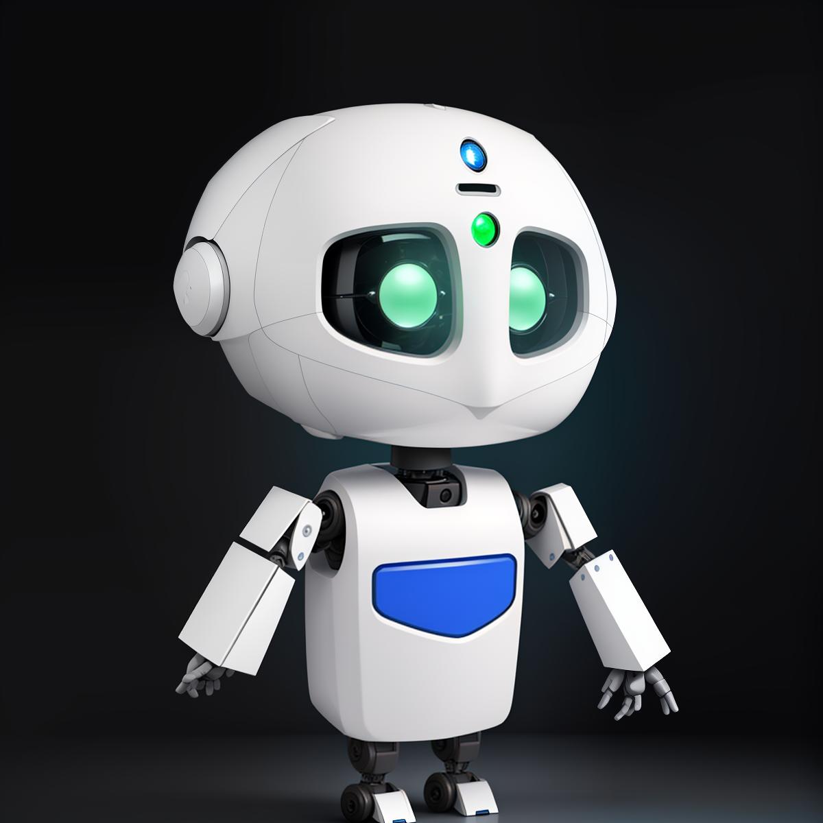  masterpiece, best quality, Create an image of a small robot, I will use it as a java programming company symbol. I want it to be the only one in the picture without background and extraneous objects. I want it to be white color and have blue green color in it.