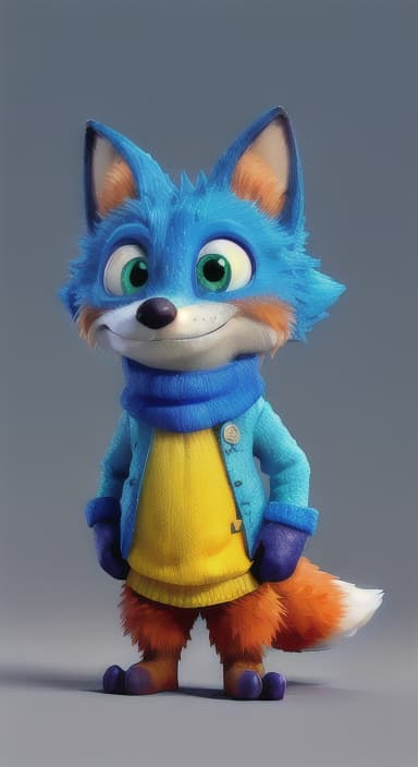  {Error the fox pressing the blue button with his paw, looking puzzled as nothing occurs., Error is a small, bright orange fox with a fluffy tail and big, inquisitive eyes. He has a mischievous yet kind expression and wears a tiny green scarf.