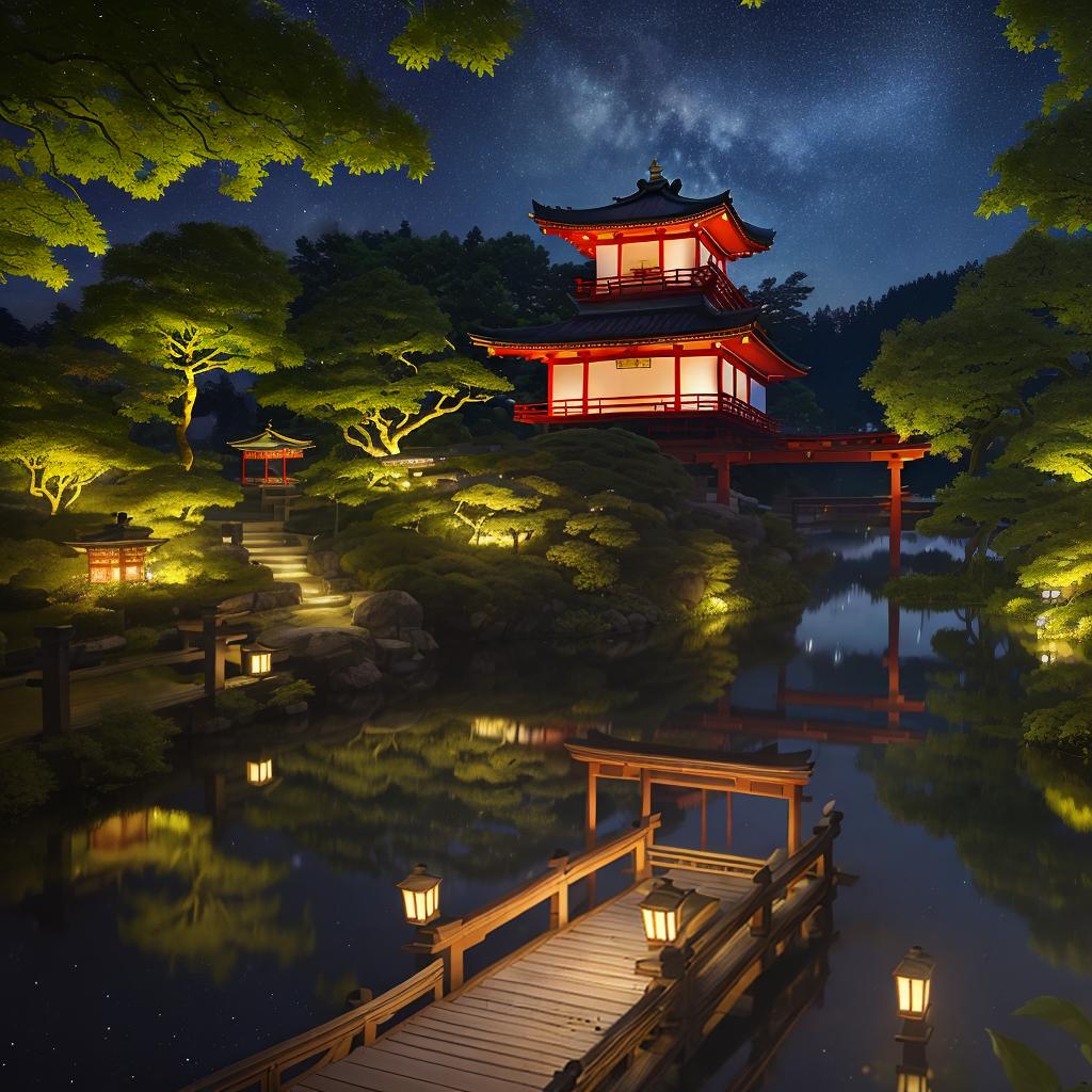  masterpiece, best quality, (Fidelity: 1.4), Best Quality, Masterpiece, Ultra High Resolution, 8k resolution, A night view inspired by Japanese art, featuring a garden illuminated by paper lanterns and a wooden bridge spanning a tranquil lake, by the lakeside, there is a small Zen temple. The water reflects the starry sky.