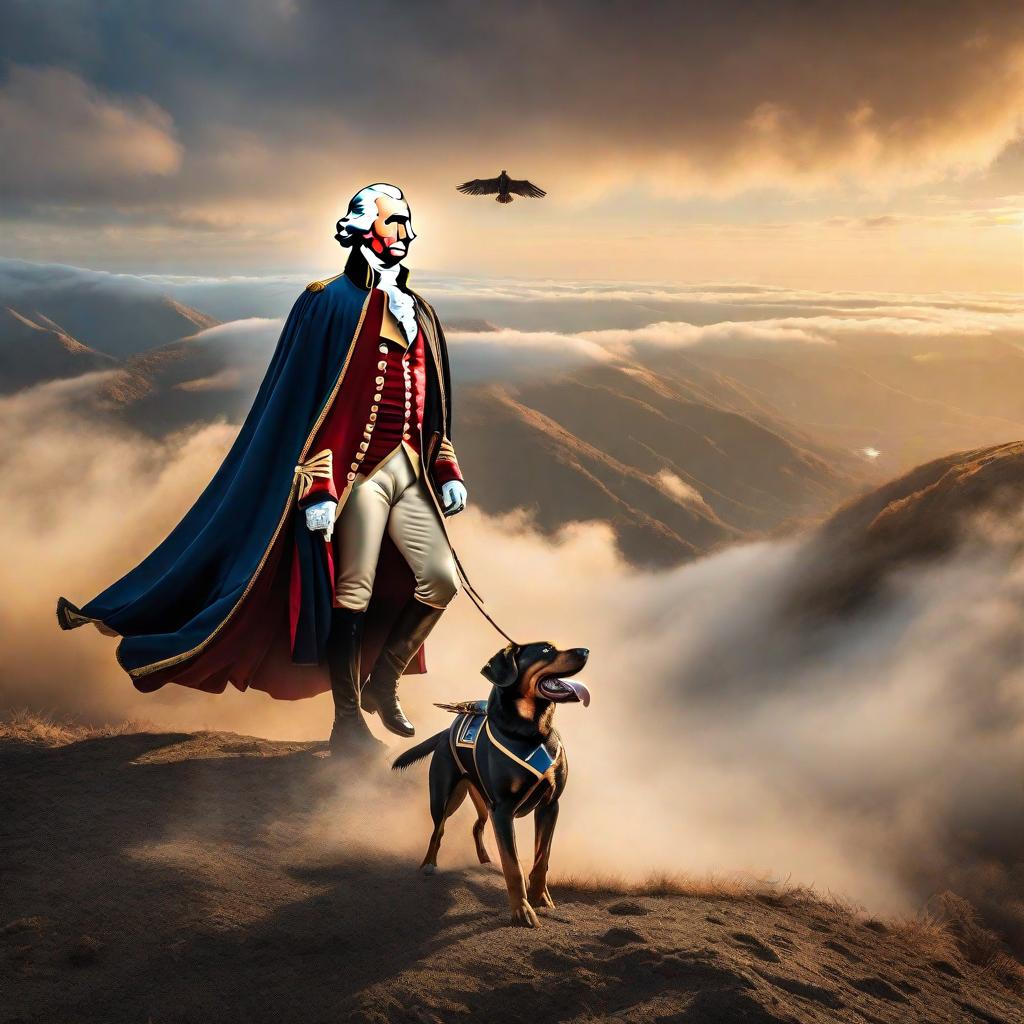  george washington wearing a cape flying though the air with a dog by his side hyperrealistic, full body, detailed clothing, highly detailed, cinematic lighting, stunningly beautiful, intricate, sharp focus, f/1. 8, 85mm, (centered image composition), (professionally color graded), ((bright soft diffused light)), volumetric fog, trending on instagram, trending on tumblr, HDR 4K, 8K