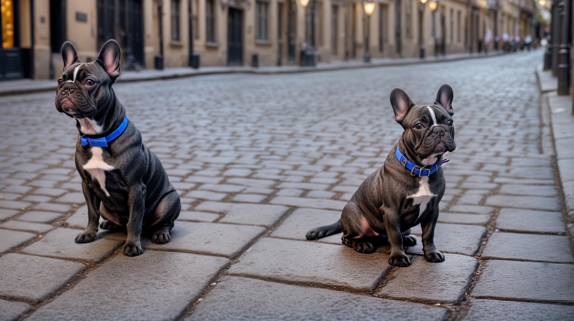  Create a realistic image of a French Bulldog in an urban setting. The dog is a compact adult with a smooth, brindle coat and the distinctive bat like ears characteristic of the breed. It is sitting confidently on a cobblestone street in a quaint city neighborhood, with small cafes and boutiques lining the sidewalks. Nearby, a classic street lamp casts a soft light, enhancing the twilight ambiance. The French Bulldog is wearing a stylish, bright blue collar, looking up with an alert and curious expression, embodying the charming and adaptable nature of the breed.