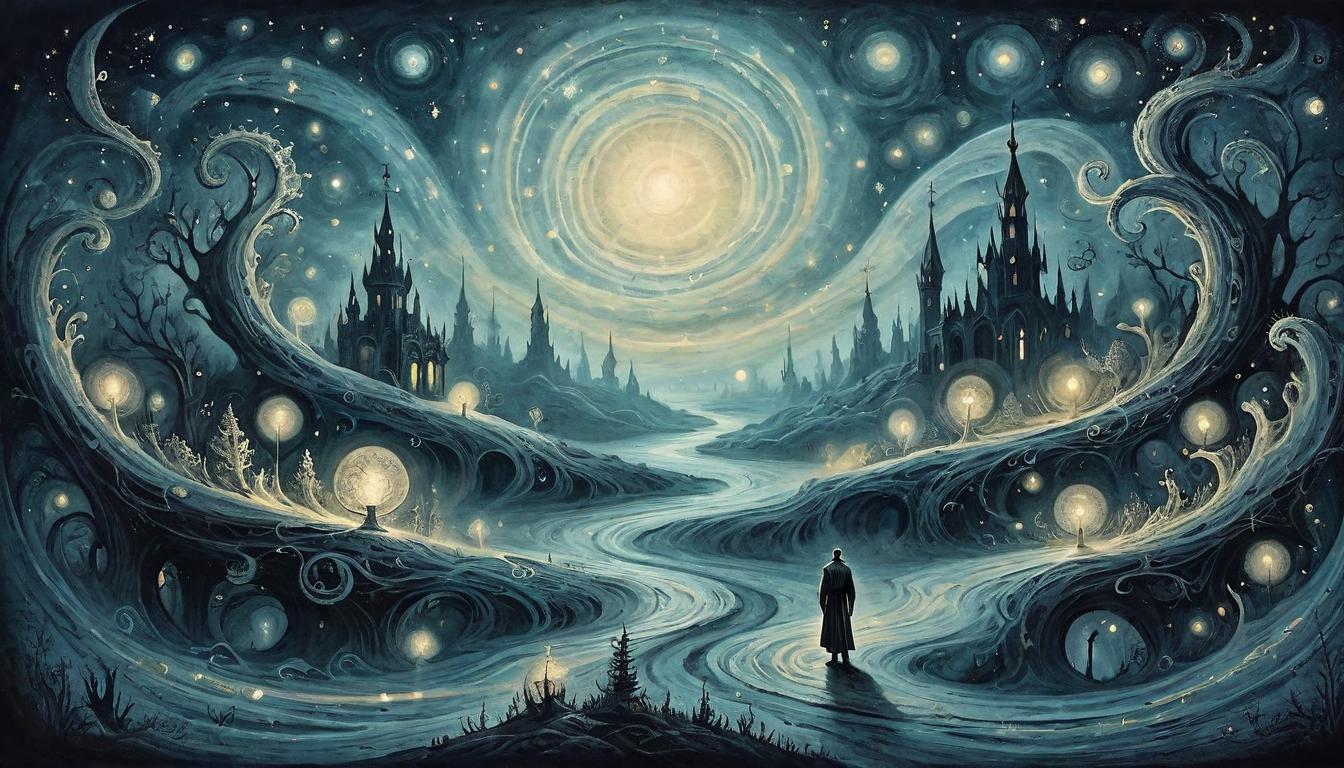  on parchment, surrealism+++, Ethereal ripples in a dark, starry void, traces left by unseen hands, luminous paths intertwining, glimmers of past and future, evanescent, indelible mark(mysterious, provocative, symbolic,muted color)+++