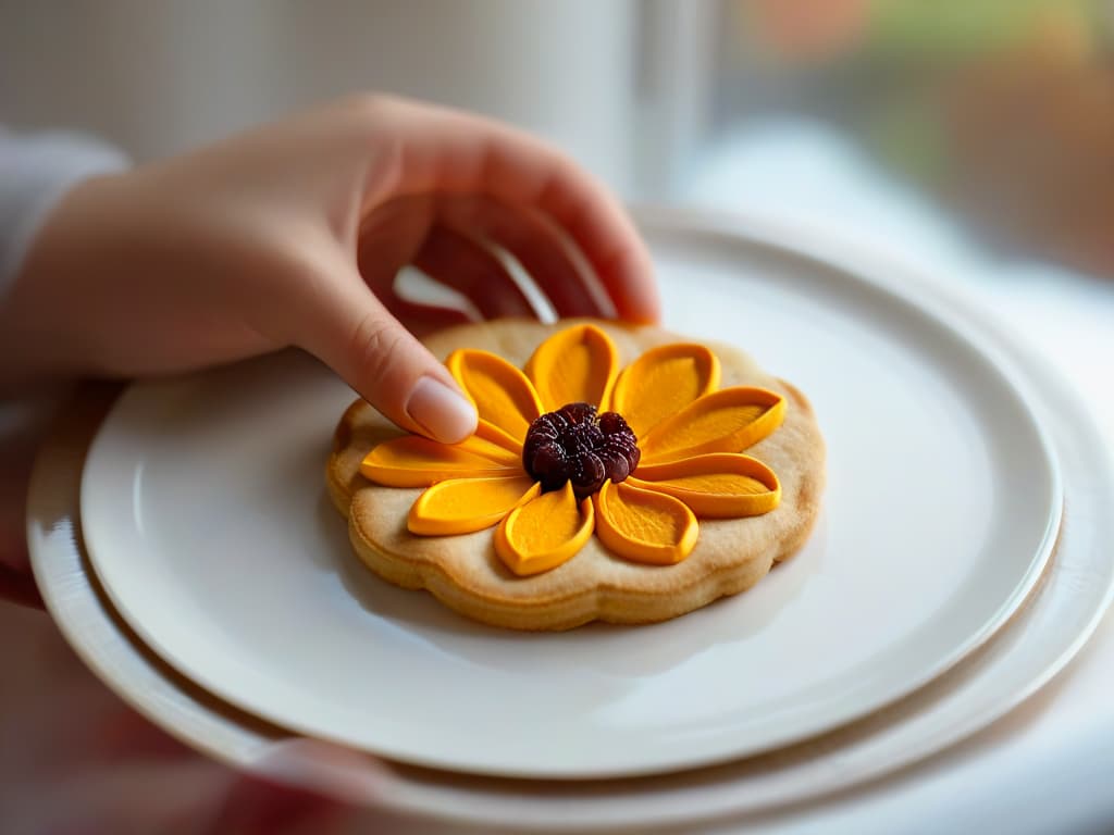  A closeup, ultradetailed image of a serene person's hands delicately placing a vibrant, freshly baked flowershaped cookie onto a carefully arranged plate, with soft natural light filtering through a nearby window, highlighting the textures and colors of the cookie and the plate. The background is softly blurred to emphasize the mindfulness and artistry of the moment. hyperrealistic, full body, detailed clothing, highly detailed, cinematic lighting, stunningly beautiful, intricate, sharp focus, f/1. 8, 85mm, (centered image composition), (professionally color graded), ((bright soft diffused light)), volumetric fog, trending on instagram, trending on tumblr, HDR 4K, 8K