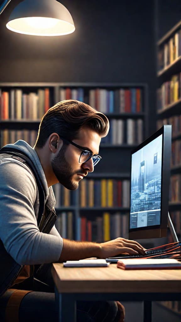  (A digital artist's impression of a Swedish video game developer working on a computer in a university setting. The scene depicts a young man with dark hair and glasses, intently focused on his computer screen, surrounded by stacks of books and engineering tools, indicating he is a civil engineering student. The background showcases a modern university campus with sleek, minimalist architecture and a serene, academic atmosphere.) hyperrealistic, full body, detailed clothing, highly detailed, cinematic lighting, stunningly beautiful, intricate, sharp focus, f/1. 8, 85mm, (centered image composition), (professionally color graded), ((bright soft diffused light)), volumetric fog, trending on instagram, trending on tumblr, HDR 4K, 8K