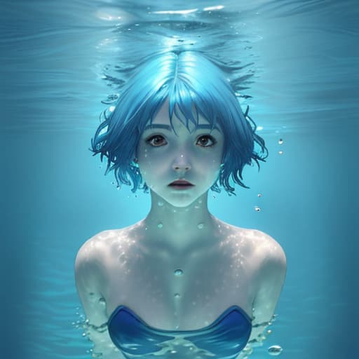  A girl under water with short blue hair no reaciton