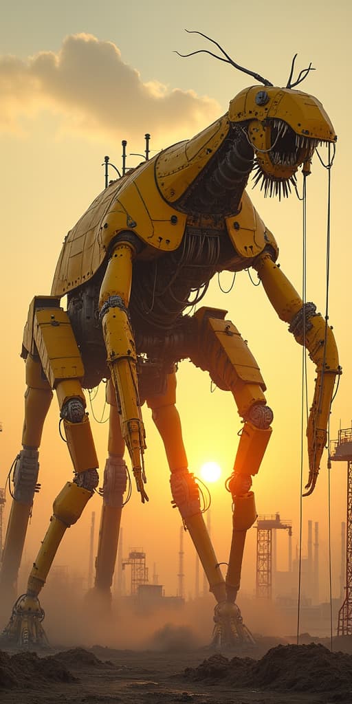  good quality, high quality, a huge yellow metal creature which is a hybrit between a mantis and a crane, sunset, highly detailed, transformers, cables, hydraulics, metal rods as arms and legs, huge, gigantic, destroying a city, dust, oil, mechanic, photorealistic, epic, yellow cranes in the background