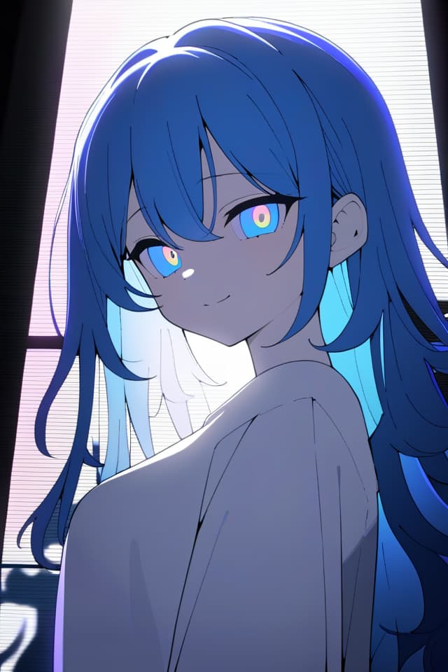  a beautiful blue haired girl,long messy hair,ultra detailed,best shadow,beautiful detailed deep rainbow eyes,cute and beautiful face,shy smile,white shirt,upper body view,colorful,(masterpiece:1.2),(best quality:1.2),detailed background,high contrast,(best illumination,an extremely delicate and beautiful),((cinematic light)),hyper detail,dramatic light,intricate details,8k,anime,very aesthetic