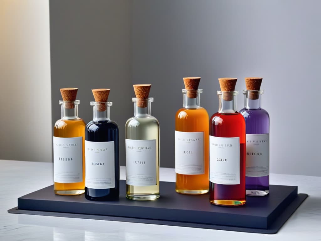  An ultradetailed image of a sleek, modern kitchen counter adorned with an assortment of exotic essence bottles in varying sizes and colors. Each bottle is meticulously arranged with delicate labels showcasing the names of the unique essences like lavender, blood orange, and more. The soft ambient light highlights the elegant simplicity of the scene, emphasizing the sophisticated and luxurious nature of the exotic flavors waiting to elevate your pastry creations. hyperrealistic, full body, detailed clothing, highly detailed, cinematic lighting, stunningly beautiful, intricate, sharp focus, f/1. 8, 85mm, (centered image composition), (professionally color graded), ((bright soft diffused light)), volumetric fog, trending on instagram, trending on tumblr, HDR 4K, 8K