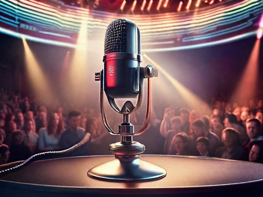  A microphone on a stage, with a waveform graphic representing sound, and a futuristic AI robot hand reaching out to touch the microphone. digital art, ilustration, no flares, clean hyperrealistic, full body, detailed clothing, highly detailed, cinematic lighting, stunningly beautiful, intricate, sharp focus, f/1. 8, 85mm, (centered image composition), (professionally color graded), ((bright soft diffused light)), volumetric fog, trending on instagram, trending on tumblr, HDR 4K, 8K