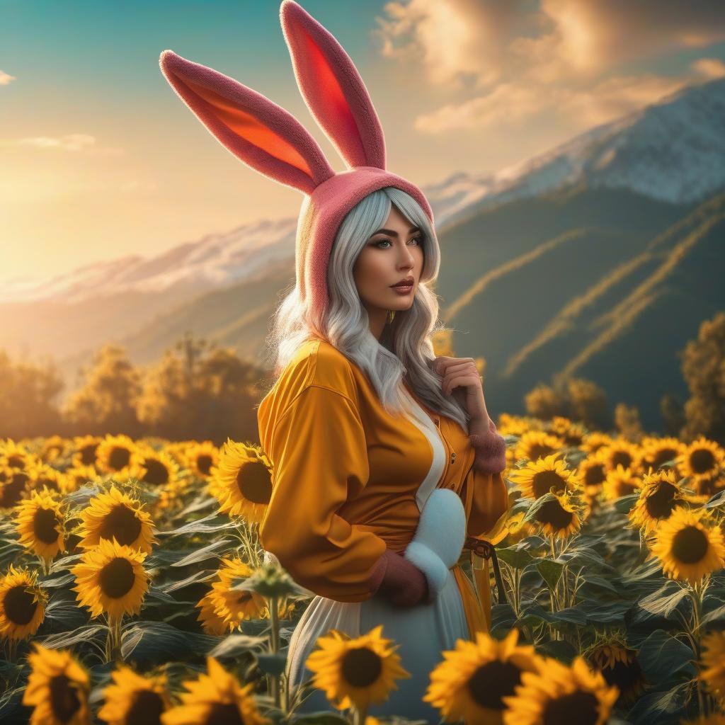  retro game art A girl, wearing a kugurumi bashful rabbit costume, stands in a sunflower field on a sunny day. . 16 bit, vibrant colors, pixelated, nostalgic, charming, fun hyperrealistic, full body, detailed clothing, highly detailed, cinematic lighting, stunningly beautiful, intricate, sharp focus, f/1. 8, 85mm, (centered image composition), (professionally color graded), ((bright soft diffused light)), volumetric fog, trending on instagram, trending on tumblr, HDR 4K, 8K