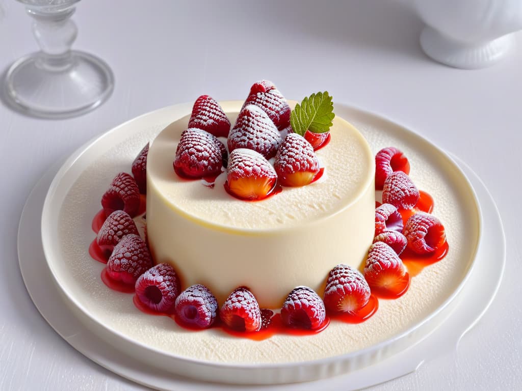  An ultradetailed closeup image of a vibrant raspberry panna cotta with a perfectly smooth surface, topped with a single, plump raspberry glistening with a light sugar glaze. The dessert is elegantly presented on a sleek, white ceramic plate, with a drizzle of raspberry coulis artfully decorating the edges. The focus is on the intricate details of the dessert, showcasing the glossy texture of the panna cotta and the contrast of the bright red raspberry against the creamy backdrop. hyperrealistic, full body, detailed clothing, highly detailed, cinematic lighting, stunningly beautiful, intricate, sharp focus, f/1. 8, 85mm, (centered image composition), (professionally color graded), ((bright soft diffused light)), volumetric fog, trending on instagram, trending on tumblr, HDR 4K, 8K