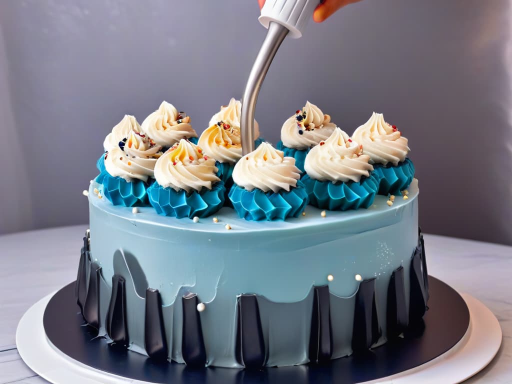  A beautifully detailed and photorealistic image of a set of highquality cake decorating nozzles arranged elegantly on a sleek black marble countertop. The nozzles are gleaming under the soft, warm lighting, showcasing a variety of intricate designs and sizes, ready to create professional and artistic cake decorations. Each nozzle is perfectly aligned, highlighting the craftsmanship and precision that goes into creating stunning confectionery masterpieces. hyperrealistic, full body, detailed clothing, highly detailed, cinematic lighting, stunningly beautiful, intricate, sharp focus, f/1. 8, 85mm, (centered image composition), (professionally color graded), ((bright soft diffused light)), volumetric fog, trending on instagram, trending on tumblr, HDR 4K, 8K