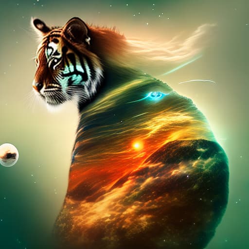 dublex style A man sorcerer who is viewed as a god of love and does magic spells pets a tiger with the venus planet as a background