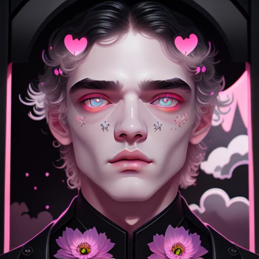 in OliDisco style open black door. men in black. light flowers. big pink clouds. winter. over-detailed face and eyes and lips and nose and body and skin and pupils and irises. eyes the black