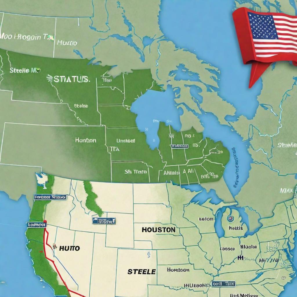  Create an image showing a map of the United States with a highlighted path from Steele, Missouri to Houston, Texas representing a truck route. Include markers for the start and end points with 'Steele, MO' and 'Houston, TX' labels. Add a text box or legend in the image that indicates an estimated mileage of 550 to 600 miles for the journey. hyperrealistic, full body, detailed clothing, highly detailed, cinematic lighting, stunningly beautiful, intricate, sharp focus, f/1. 8, 85mm, (centered image composition), (professionally color graded), ((bright soft diffused light)), volumetric fog, trending on instagram, trending on tumblr, HDR 4K, 8K