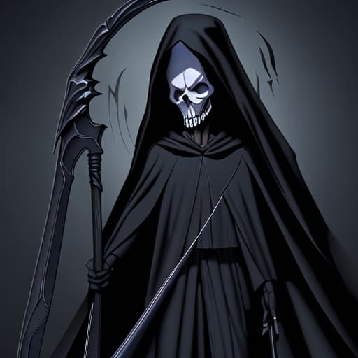  A humanoid forward facing black duck dressed as a grim reaper holding a scythe with a dark hell cape background