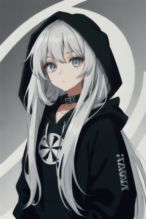  Girl, silver long hair, silver eyes, oversized, black hoodie, collar