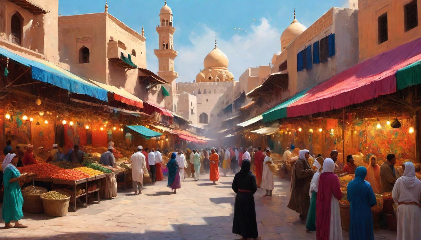  digital painting of The vibrant bustle of the Medina, full of color and life, where humans and animals coexist in a dynamic ballet of activity, stalls laden with goods, animals intermingled among people, dense, colorful, bustling energy, cacophony of sounds and sights, interconnection, lively diversity looking at viewer, dynamic pose, (intricate details, masterpiece, best quality)