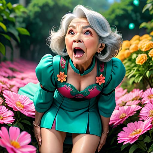   old woman, flower dress, exposing , aheago face, open mouth, squatting dynamic view, from above, looking up at viewer, tongue out, saliva drooling out of her open mouth down her chin and onto her small perky s, pink sports , bottomless, colorful, darl background,flower armor,green theme,exposure blend, medium shot, bokeh, (hdr:1.4), high contrast, (cinematic, teal and orange:0.85), (muted colors, dim colors, soothing tones:1.3), low saturation, hyperrealistic, full body, detailed clothing, highly detailed, cinematic lighting, stunningly beautiful, intricate, sharp focus, f/1. 8, 85mm, (centered image composition), (professionally color graded), ((bright soft diffused light)), volumetric fog, trending on instagram, trending on tumblr, HDR 4K, 8K