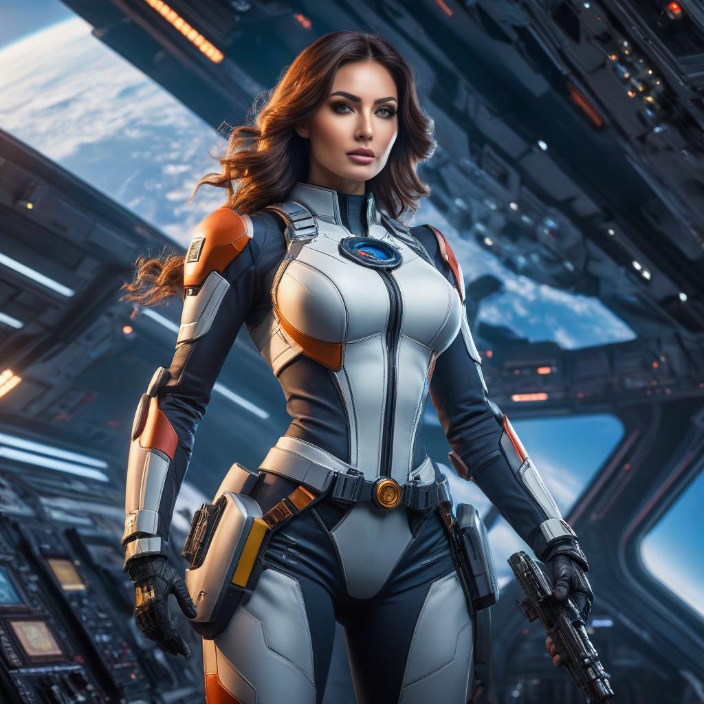  fighting game style beautiful girl space fleet captain in a combat exoskeleton against a spacecraft backdrop, Russian flag on her clothing, detailed face and eyes, high quality athletic body, futurism . dynamic, vibrant, action packed, detailed character design, reminiscent of fighting video games hyperrealistic, full body, detailed clothing, highly detailed, cinematic lighting, stunningly beautiful, intricate, sharp focus, f/1. 8, 85mm, (centered image composition), (professionally color graded), ((bright soft diffused light)), volumetric fog, trending on instagram, trending on tumblr, HDR 4K, 8K