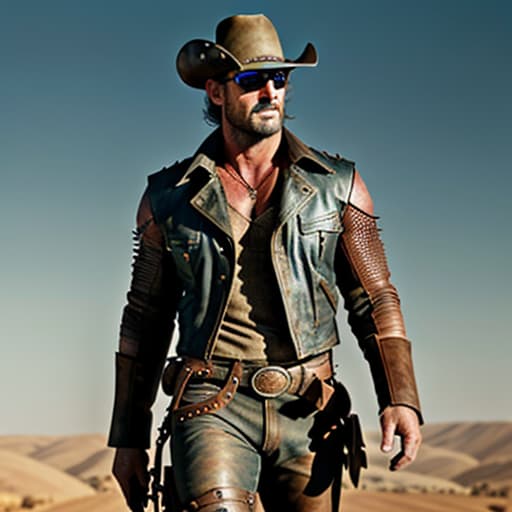  cowboy version mad max hyperrealistic, full body, detailed clothing, highly detailed, cinematic lighting, stunningly beautiful, intricate, sharp focus, f/1. 8, 85mm, (centered image composition), (professionally color graded), ((bright soft diffused light)), volumetric fog, trending on instagram, trending on tumblr, HDR 4K, 8K