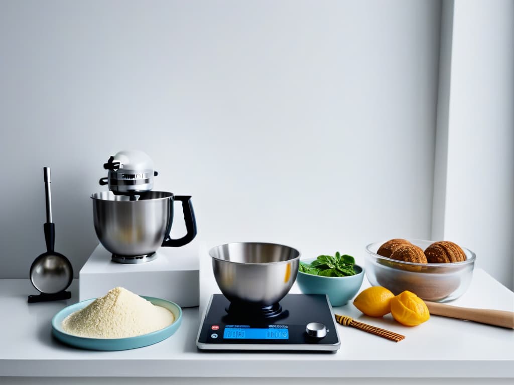  A minimalistic image of a pristine white kitchen counter with an assortment of highquality baking tools neatly arranged: a rolling pin, stainless steel mixing bowls, a whisk, measuring cups, and a sleek digital scale. The lighting is soft and natural, casting gentle shadows that highlight the clean lines and modern design of the utensils. The image conveys a sense of precision, organization, and readiness to embark on a baking journey. hyperrealistic, full body, detailed clothing, highly detailed, cinematic lighting, stunningly beautiful, intricate, sharp focus, f/1. 8, 85mm, (centered image composition), (professionally color graded), ((bright soft diffused light)), volumetric fog, trending on instagram, trending on tumblr, HDR 4K, 8K