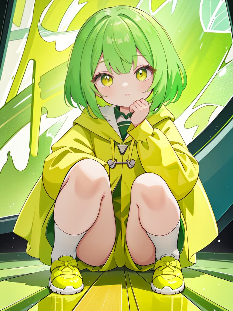  A green haired little girl character in a yellow raincoat is squatting, masterpiece, best quality,8k,ultra detailed,high resolution,an extremely delicate and beautiful,hyper detail