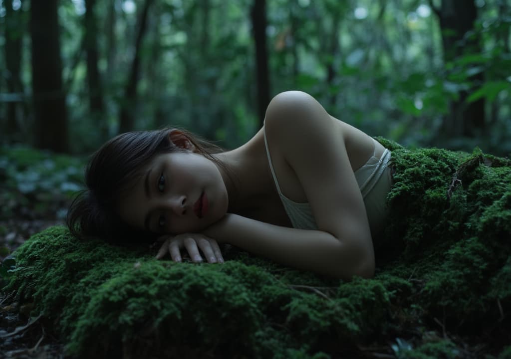  good quality, high quality, woman on mossy bed, skin moonlit through forest canopy. her whispers sync with haunting nocturnal calls. nature and desire merge in ethereal embrace, blurring dream and reality. enchanted forest scene, sensual yet mystical.