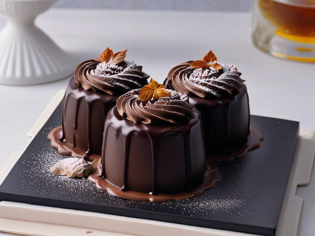  An elegant, minimalistic image of a dark chocolate truffle with a glossy sheen, sitting on a sleek black plate. The truffle is dusted with a light sprinkling of cocoa powder, and a small pool of rich, ambercolored liquor is delicately drizzled beside it. The background is a soft, blurred gradient of deep brown hues, emphasizing the luxurious simplicity and sophistication of this decadent treat. hyperrealistic, full body, detailed clothing, highly detailed, cinematic lighting, stunningly beautiful, intricate, sharp focus, f/1. 8, 85mm, (centered image composition), (professionally color graded), ((bright soft diffused light)), volumetric fog, trending on instagram, trending on tumblr, HDR 4K, 8K