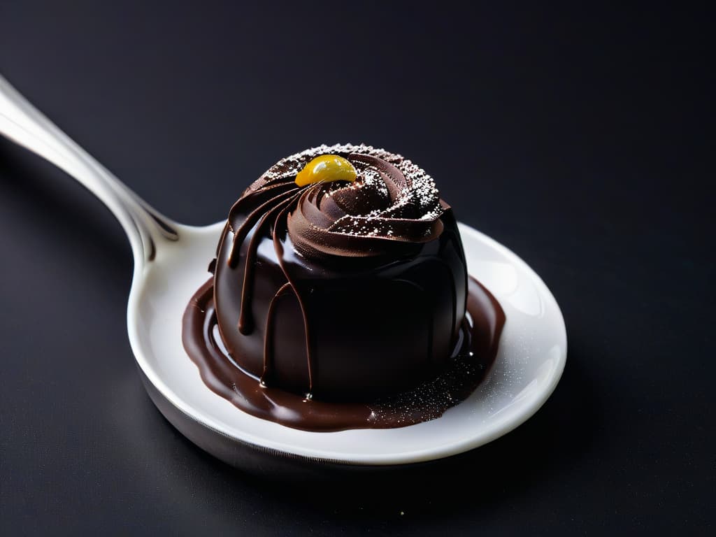  An ultradetailed closeup image of a single dark chocolate truffle with a glossy finish, placed on a sleek, modern silver spoon against a black background. The lighting highlights the intricate swirls and textures of the chocolate, showcasing its luxurious and premium quality. hyperrealistic, full body, detailed clothing, highly detailed, cinematic lighting, stunningly beautiful, intricate, sharp focus, f/1. 8, 85mm, (centered image composition), (professionally color graded), ((bright soft diffused light)), volumetric fog, trending on instagram, trending on tumblr, HDR 4K, 8K