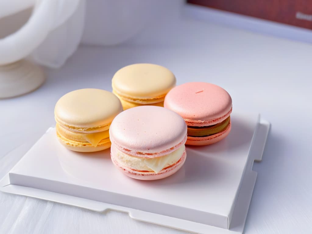  A closeup, ultradetailed image of a perfectly crafted macaron with a glossy shell in pastel pink, delicately filled with a smooth lavenderinfused ganache. The intricate details of the delicate feet, the shimmering surface, and the precise piping work are all visible, showcasing the artistry and precision required in modern pastrymaking. hyperrealistic, full body, detailed clothing, highly detailed, cinematic lighting, stunningly beautiful, intricate, sharp focus, f/1. 8, 85mm, (centered image composition), (professionally color graded), ((bright soft diffused light)), volumetric fog, trending on instagram, trending on tumblr, HDR 4K, 8K