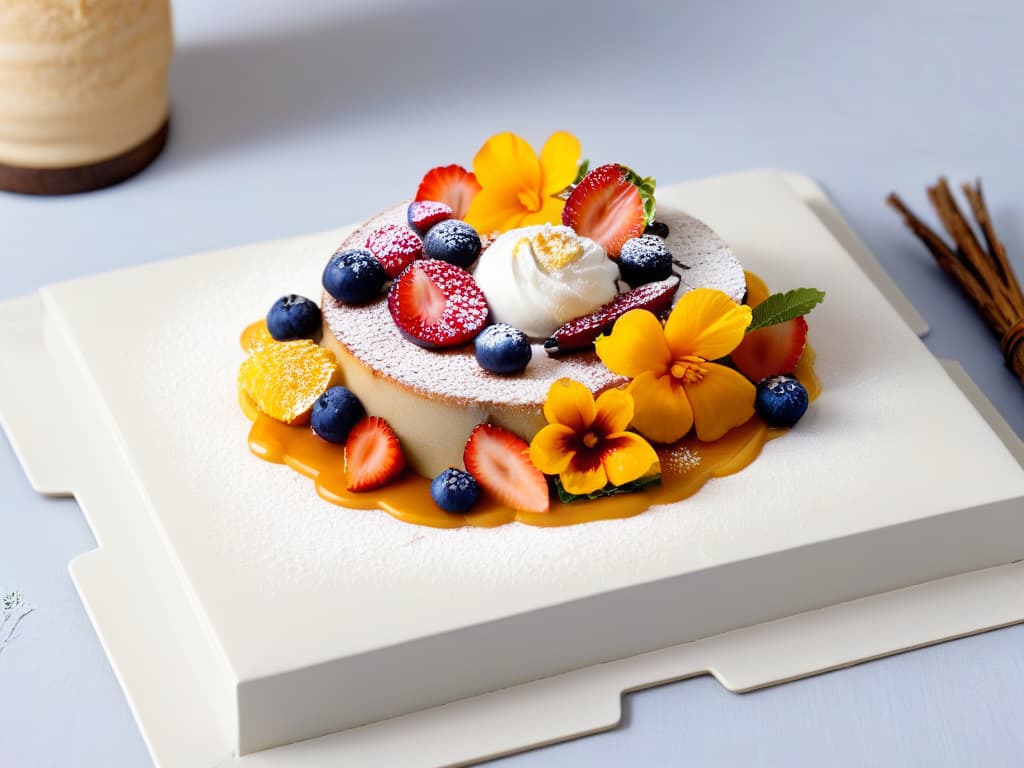  A closeup, highresolution image of a beautifully crafted dessert plate, showcasing a fusion of traditional African desserts with local ingredients. The plate features vibrant colors and intricate textures, with elements such as sliced exotic fruits, drizzles of honey or syrup made from local ingredients, and delicate edible flowers as garnish. The composition is elegant and minimalistic, emphasizing the artistry and creativity behind reinventing traditional desserts with a modern twist. hyperrealistic, full body, detailed clothing, highly detailed, cinematic lighting, stunningly beautiful, intricate, sharp focus, f/1. 8, 85mm, (centered image composition), (professionally color graded), ((bright soft diffused light)), volumetric fog, trending on instagram, trending on tumblr, HDR 4K, 8K