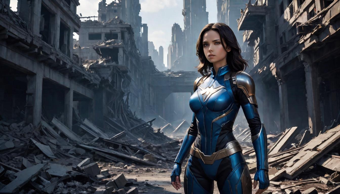  1girl, large busted brunette Arian, amidst wreckage of a failed venture, not defeated but planning, resilience amidst ruins, high tech clothing clad in sleek, futuristic costume with metallic accents and form fitting designs, marvel superhero comics style, unreal engine rendering