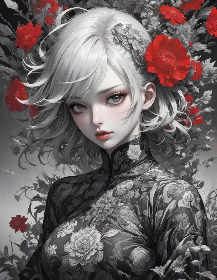  monochrome official art, unity 8k wallpaper, ultra detailed, beautiful and aesthetic, masterpiece, best quality, (zentangle, mandala, tangle, entangle), (fractal art:1.3) , 1girl, red flowers, extremely detailed, dynamic angle, cowboyshot, the most beautiful form of chaos, elegant, a brutalist designed, vivid colours, romanticism, by james jean, roby dwi antono, ross tran, francis bacon, michal mraz, adrian ghenie, petra cortright, gerhard richter, takato yamamoto, ashley wood, atmospheric . black and white, contrast, tone, texture, detailed hyperrealistic, full body, detailed clothing, highly detailed, cinematic lighting, stunningly beautiful, intricate, sharp focus, f/1. 8, 85mm, (centered image composition), (professionally color graded), ((bright soft diffused light)), volumetric fog, trending on instagram, trending on tumblr, HDR 4K, 8K