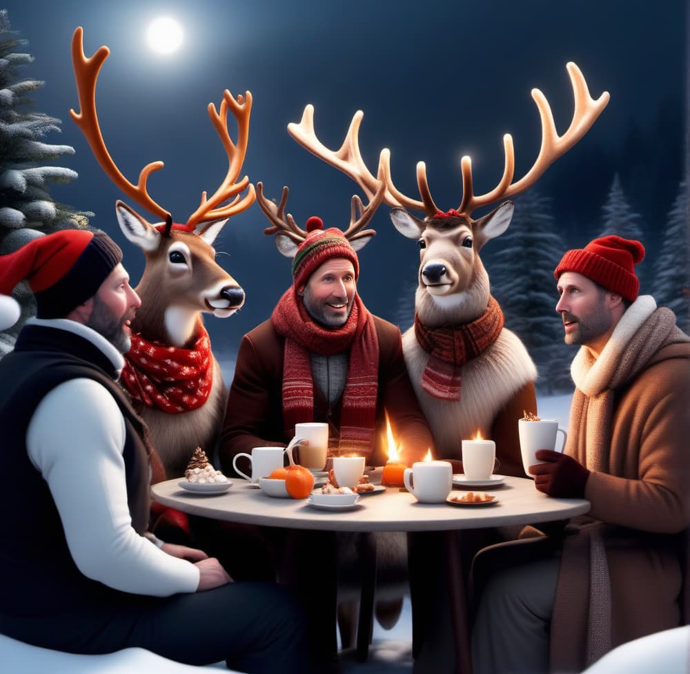  A reindeer support group meeting with comically neurotic reindeer discussing their holiday stress and fears, while sipping cocoa and eating carrots. Each reindeer should have exaggerated expressions and quirks, and the setting should resemble a cozy, yet absurd therapy session, complete with an overly attentive snowman therapist. hyperrealistic, full body, detailed clothing, highly detailed, cinematic lighting, stunningly beautiful, intricate, sharp focus, f/1. 8, 85mm, (centered image composition), (professionally color graded), ((bright soft diffused light)), volumetric fog, trending on instagram, trending on tumblr, HDR 4K, 8K