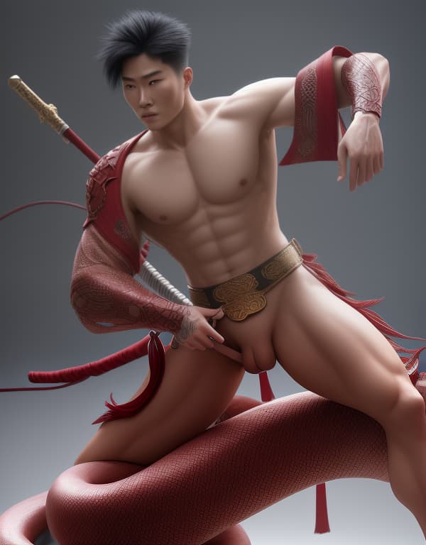 young Chinese samurai riding on a giant boa constrictor，naked whole body，gay，Asian，Asiatic，whole body，student of physical education，naked whole body, big bulge，Asian，naked whole body，whole body， hyperrealistic, full body, detailed clothing, highly detailed, cinematic lighting, stunningly beautiful, intricate, sharp focus, f/1. 8, 85mm, (centered image composition), (professionally color graded), ((bright soft diffused light)), volumetric fog, trending on instagram, trending on tumblr, HDR 4K, 8K