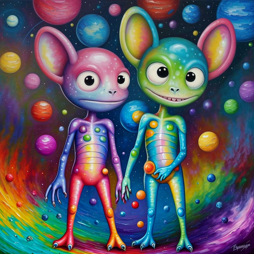 a tim burtonesque painting, but colorful unusually cute alien creatures in their outlandish planet