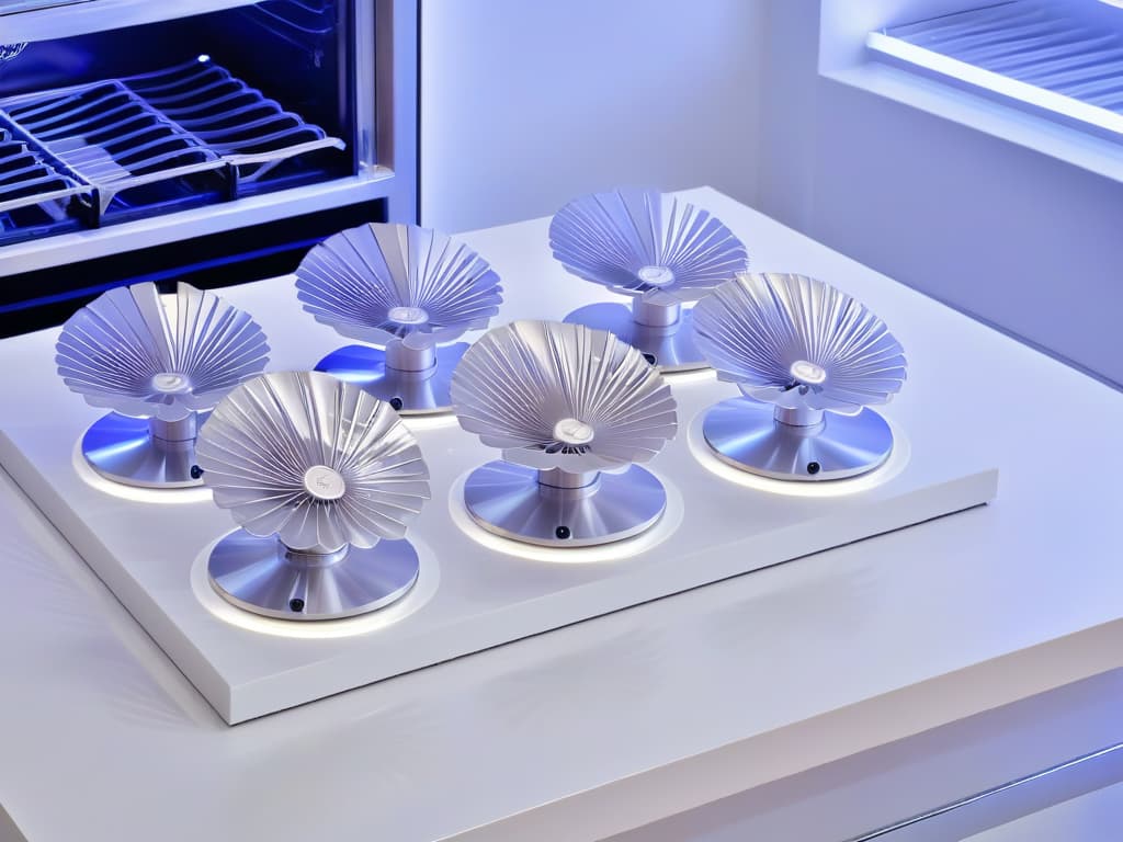  A closeup, ultradetailed image of a sleek, modern kitchen countertop featuring an array of specialized cooling fans designed specifically for pastry and dessert connoisseurs. Each fan is elegantly designed, with a focus on minimalism and functionality, showcasing a pristine white color scheme with subtle metallic accents. The fans are strategically positioned to cool a delectable assortment of freshly baked pastries, emitting a gentle breeze that delicately ripples through the air, evoking a sense of precision and sophistication in the art of pastry cooling. hyperrealistic, full body, detailed clothing, highly detailed, cinematic lighting, stunningly beautiful, intricate, sharp focus, f/1. 8, 85mm, (centered image composition), (professionally color graded), ((bright soft diffused light)), volumetric fog, trending on instagram, trending on tumblr, HDR 4K, 8K