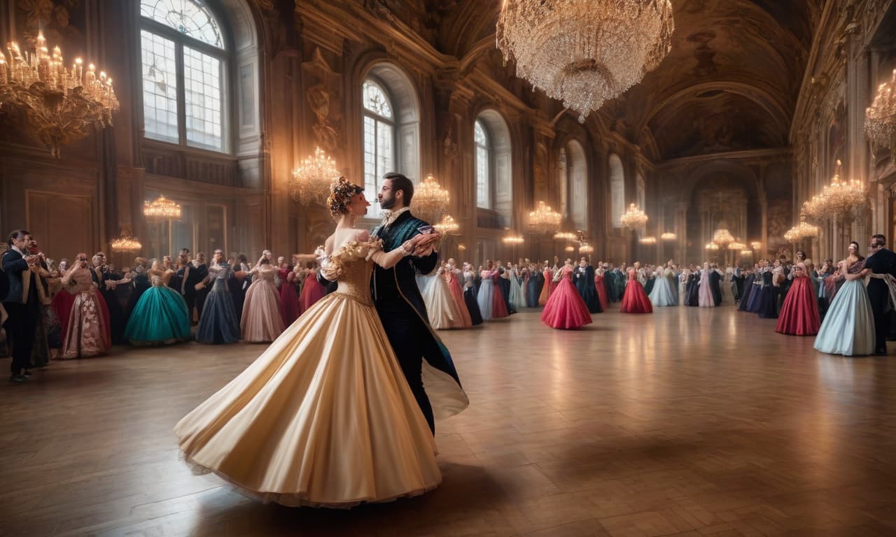  A young couple at a ball in masquerade masks, whirling to the rhythm of a waltz, in Baroque and Renaissance outfits. In a huge hall with high ceilings. The surprised audience applauds them. High detail. High quality. hyperrealistic, full body, detailed clothing, highly detailed, cinematic lighting, stunningly beautiful, intricate, sharp focus, f/1. 8, 85mm, (centered image composition), (professionally color graded), ((bright soft diffused light)), volumetric fog, trending on instagram, trending on tumblr, HDR 4K, 8K