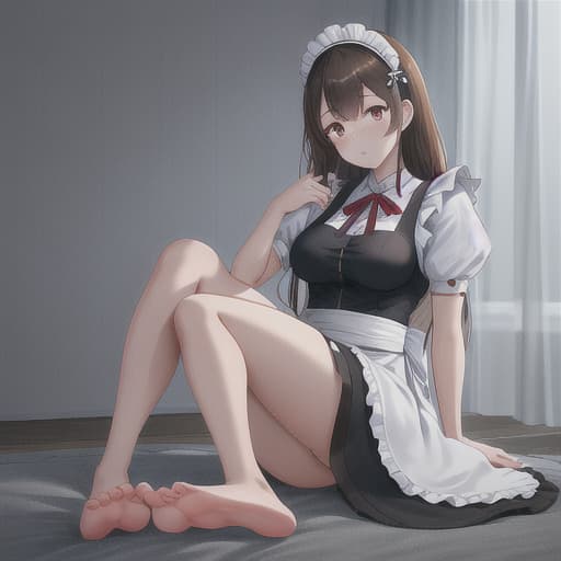  (score 9,score 8 up,score 7 up,),1girl,solo,maid,maid headdress,looking at viewer,apron,brown hair,indoors,black hair,bare foot,feet focus,two feet hyperrealistic, full body, detailed clothing, highly detailed, cinematic lighting, stunningly beautiful, intricate, sharp focus, f/1. 8, 85mm, (centered image composition), (professionally color graded), ((bright soft diffused light)), volumetric fog, trending on instagram, trending on tumblr, HDR 4K, 8K